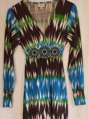 ECI Black, Blue & Green V-Neck Beaded Waist Tunic Size M